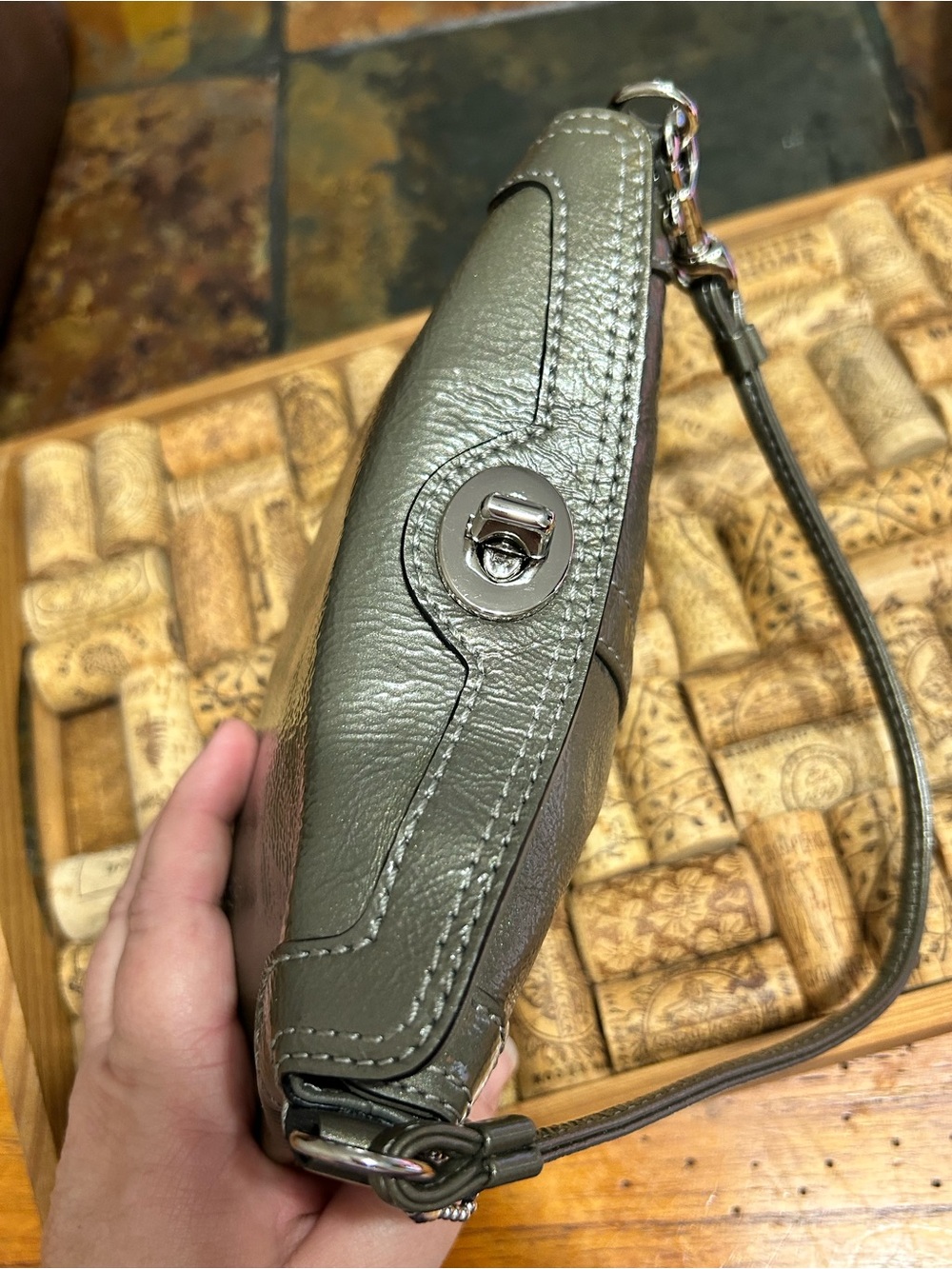 Coach Mini Metallic Olive Green Wristlet - Picture 5 of 16